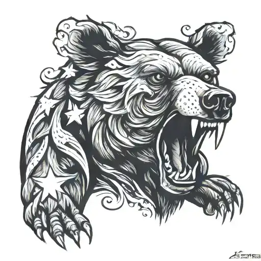 Head Of A Growling Bear And Star Of Rus' Tattoo On Chest