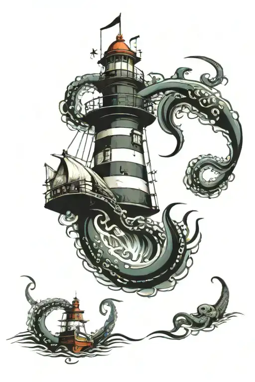 Lighthouse Octopus Ship Sea