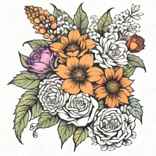 Birth Flower Bouquet July November December October April Black Ink Line