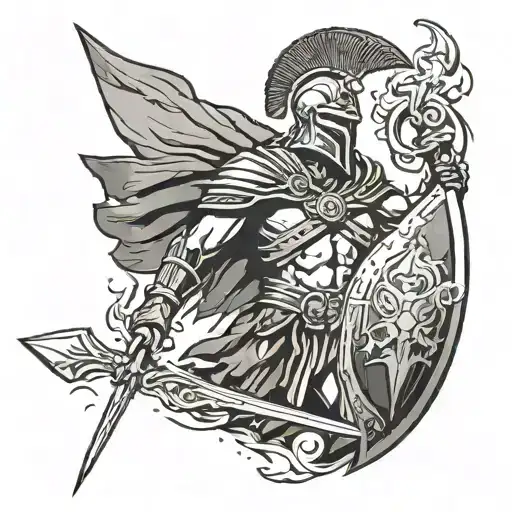 Spartan Warrior Holding A Spear An Shield Looking Up At Lightning