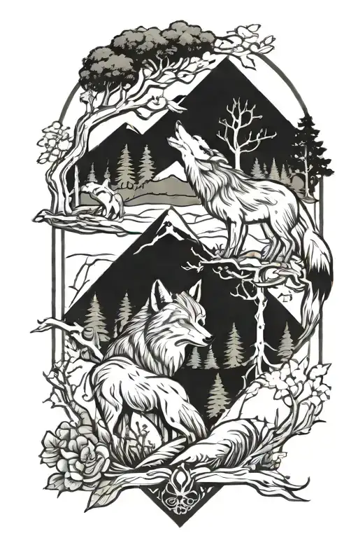 Wolf And Fox With Forest Scene