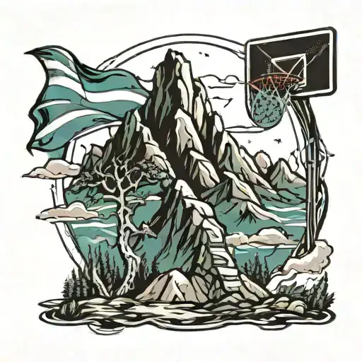 A Mountain Landscape With A Basketball Hoop At The Summit And The Bermuda Flag Waving In The Wind