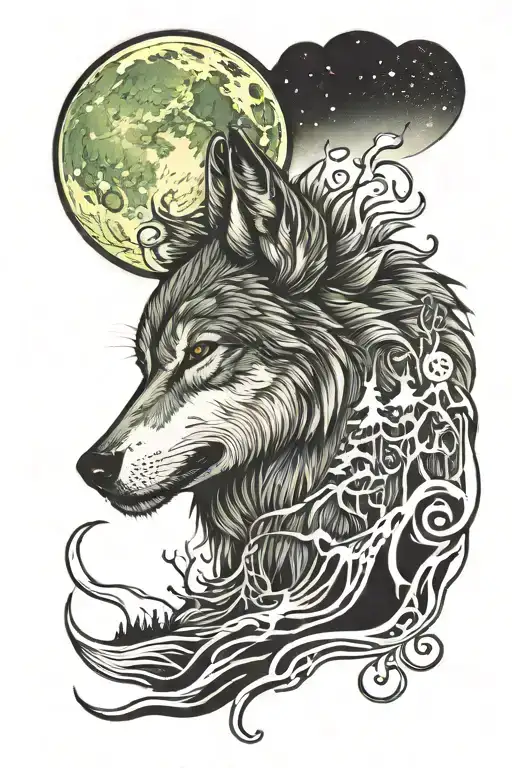 A Wolf Howling At The Moon With Northern Light's All Shining