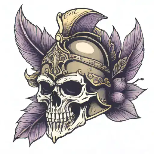 Skull Wearing Roman Warrior Helmet With Plum