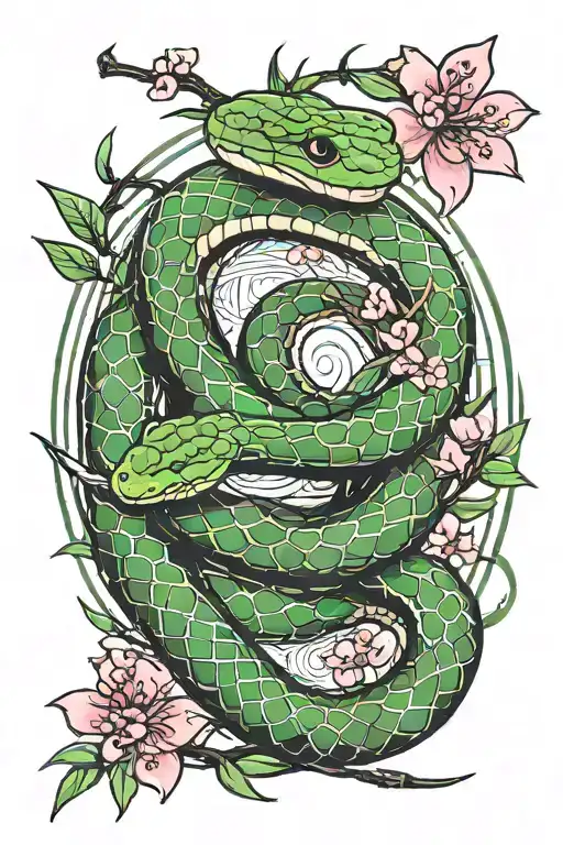Snake Coiled Around Bamboo Climbing To A Cherry Blossom Branch