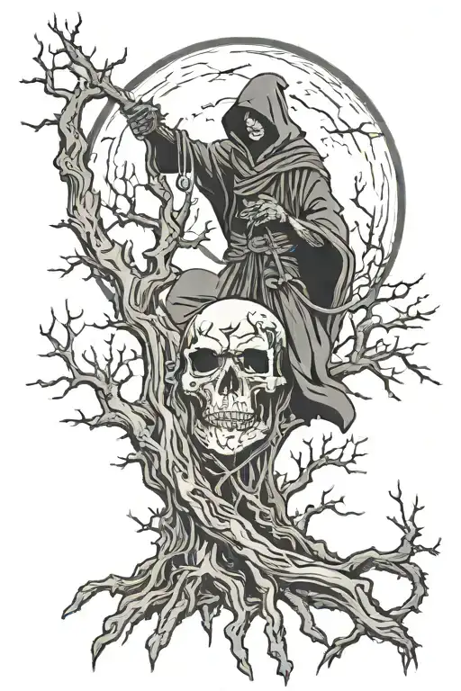 Grim Reaper Full Moon Dead Tree Mountain Of Skulls