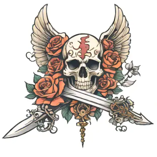 Skull Sword Angel Wings Roses Blooming