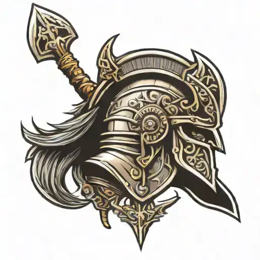 Barbarian Warrior Helmet Tattoo Shield And Spear