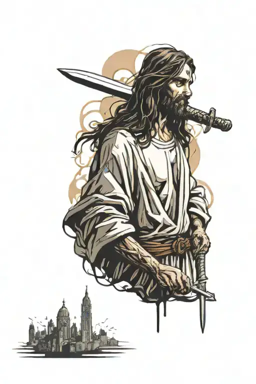 Jesus Christ Holding Sword On Right Hand And Ruined City Background