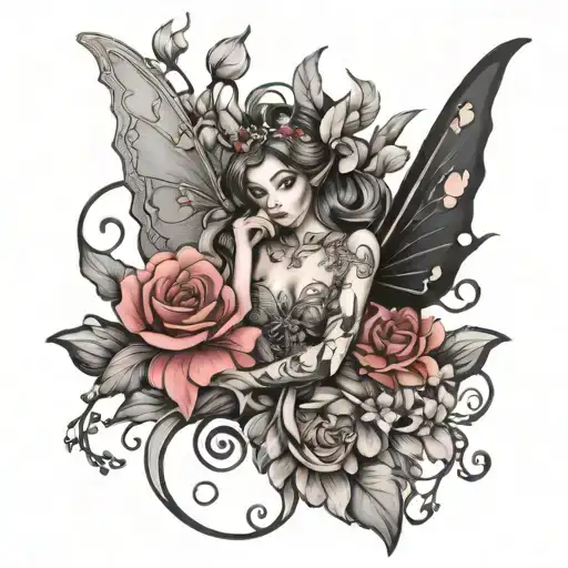 Black And Grey Fairy Surrounded By Elegance And Flowers Design