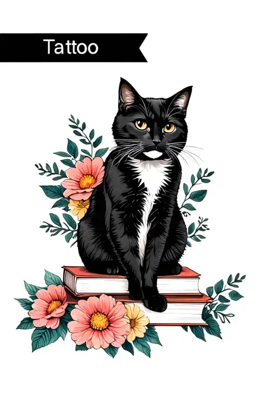 Cosy Black And White Cat Sitting On Books With Flowers