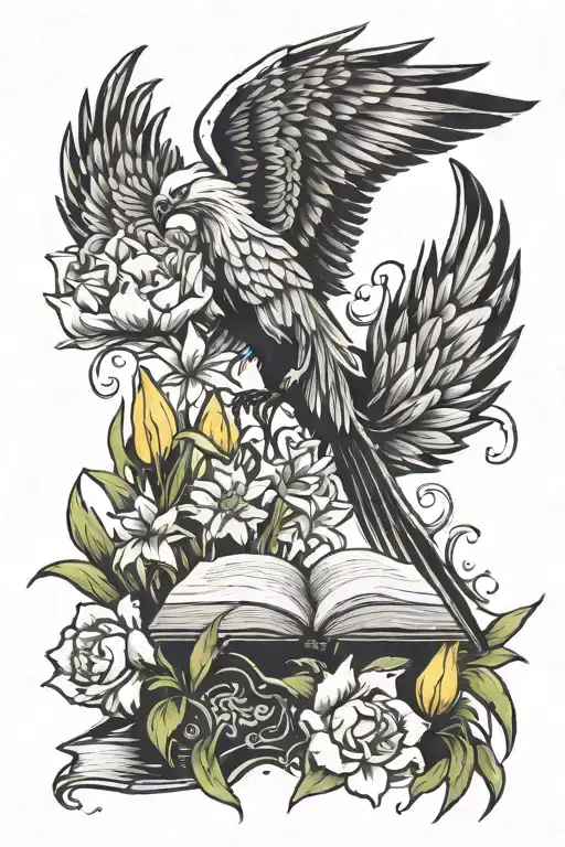Pheonix Rising From An Open Book Surrounded By Daffodil And Tulips