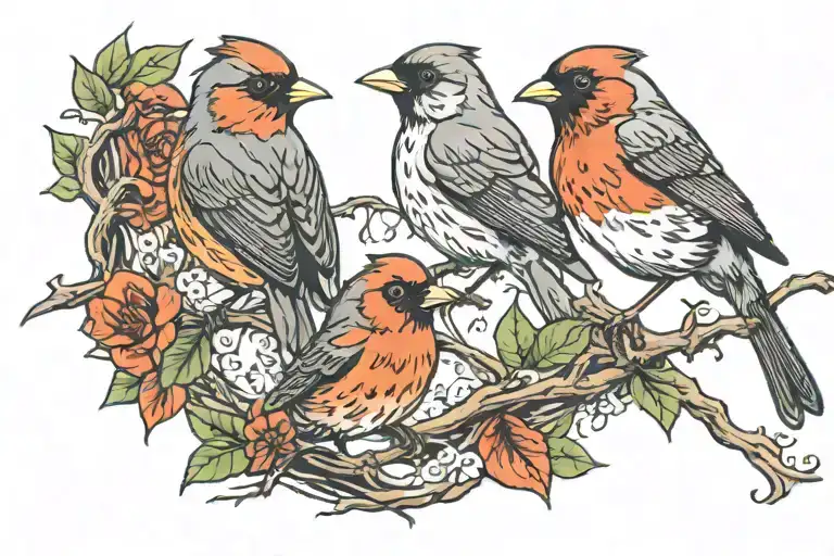 Robin And Cardinal Perched