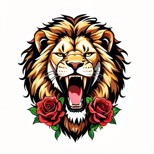 Lion Roaring Lion's Head With Roses Intertwined