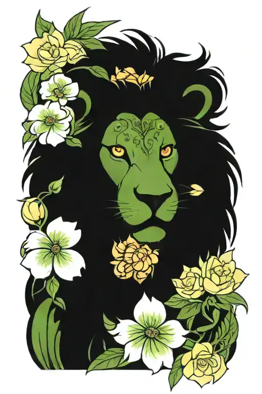 Green-eyed Lion With Flowers