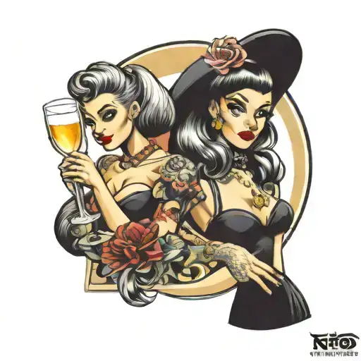 Traditional Tattoo Style Pin Up Girl With Black And White Hair Holding Champagne Glass
