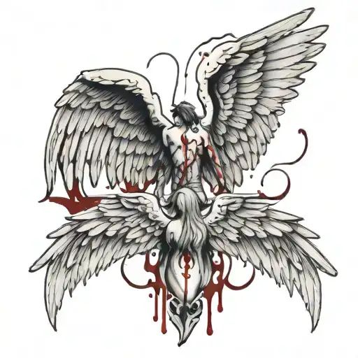 One Wings Of A Fallen Angel On The Back And The Other Cut With Blood Dripping