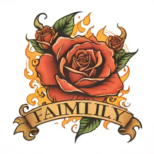 Word 'Family' With Rose On Fire Flames