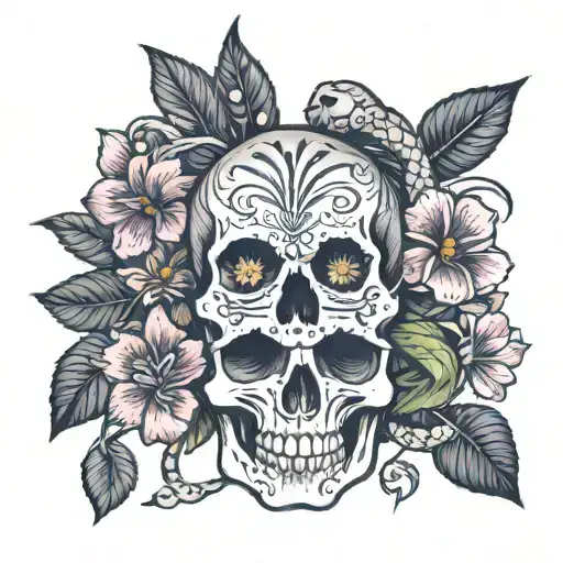 Skull And Snake Wrapped Around Violets Stargazers And Daisys