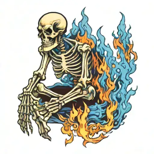 Sitting Skeleton On Fire With Blue Flames