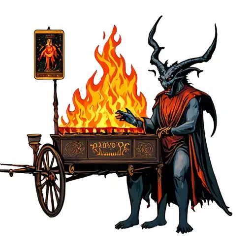 Demon Holding Tarot Cart With Fire Scene