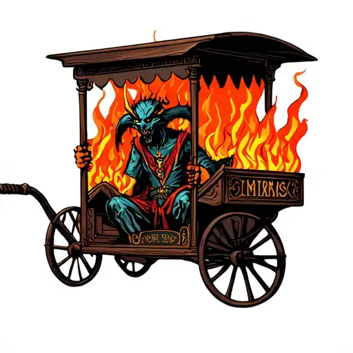 Demon Holding Tarot Cart With Fire Scene