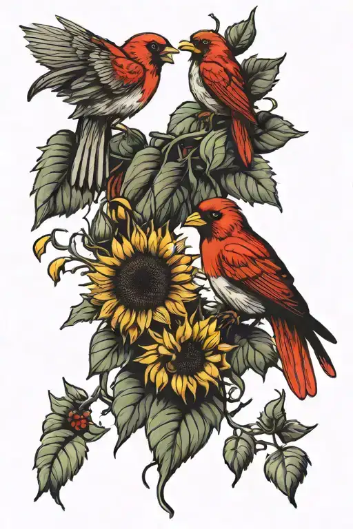 Sunflowers Growing With Male And Female Red Birds
