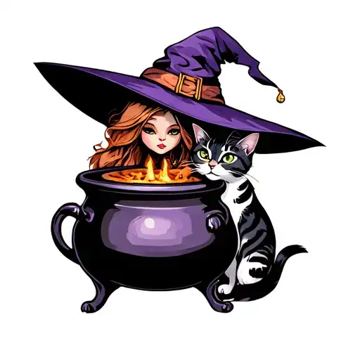 Witch And Cat With A Cauldron