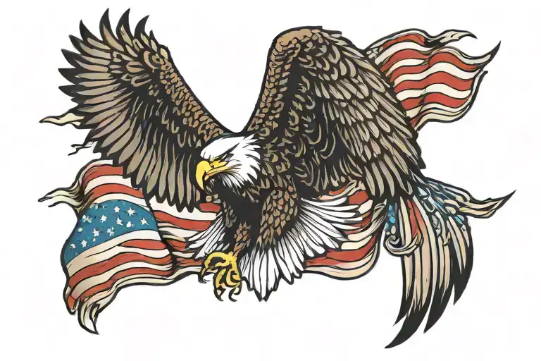 Bald Eagle Flying With American Flag Back Ground