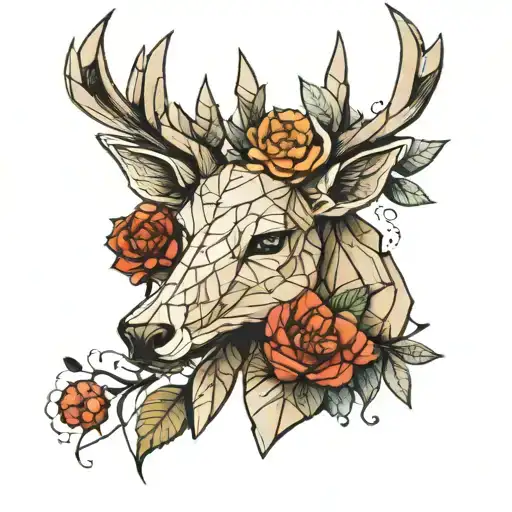 Origami Deer Head With Flowers Intertwined