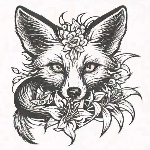 Tattoo Of A Fox Wrapping Its Tail Around A Spider Lily Flower