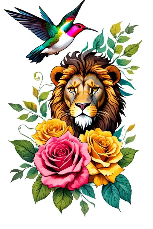 Lion Head Ans Humming Bird Flying 4 Roses