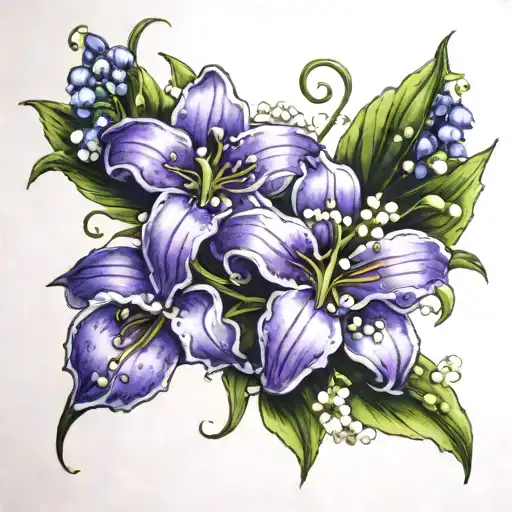 2 Violet Flowers And Lily Of The Valley Flower