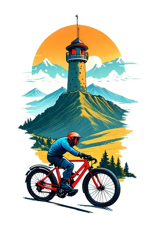 Cycling Up A Curvy Mountain Road Leading Towards A Tower