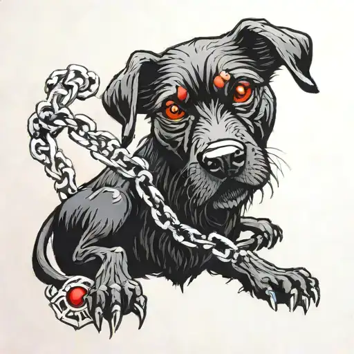 Scary Black Dog With Red Eyes And Chain For The Rist