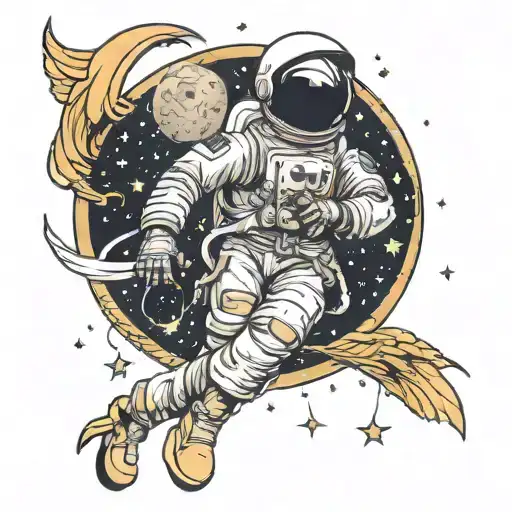 Astronaut Sitting On Moon Reaching For The Stars With Angels Flying Around Him