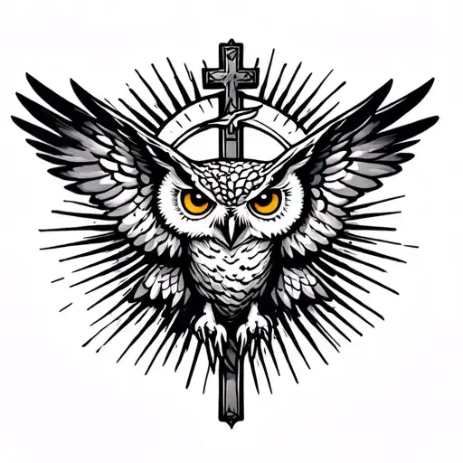 Crucifix Owl Flying Towards The Sun