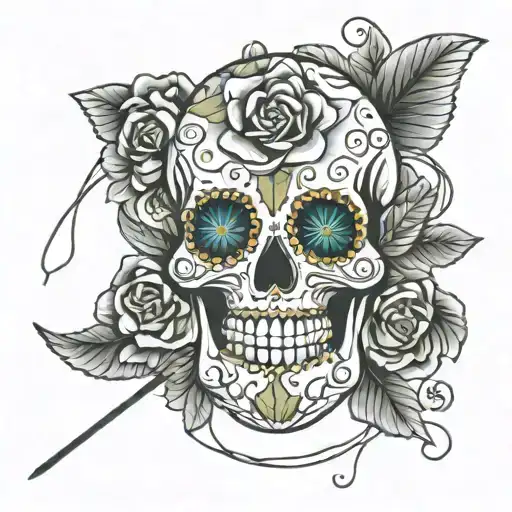 A Traditional Sugar Skull With A Sewing Needle And Thread Weaving Through It