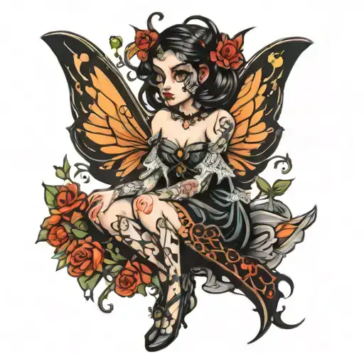 Goth Fairy Sitting Wings Spread Wide