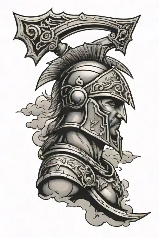 Spartan Shoulder Tattoo With Lightning And Clouds Behind