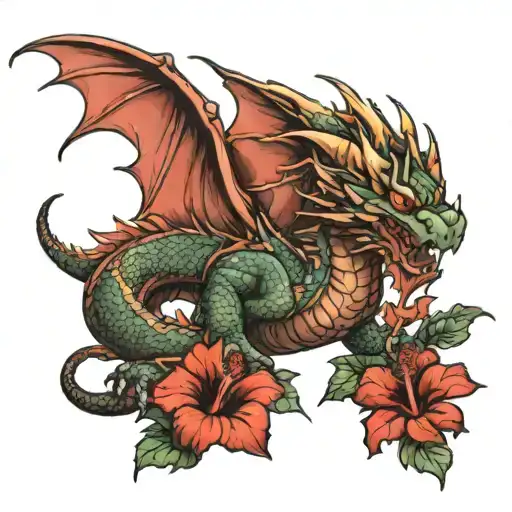 Big Dragon And Hibiscus Flowers Blooming
