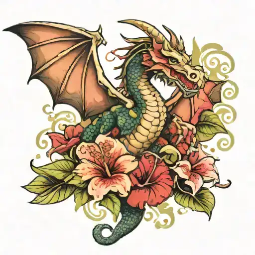Big Dragon And Hibiscus Flower Blooming And Music Notes