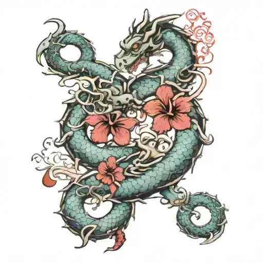 2 Big Chinese Dragons With Hibiscus Flowers Blooming With Music Notes Everywhere