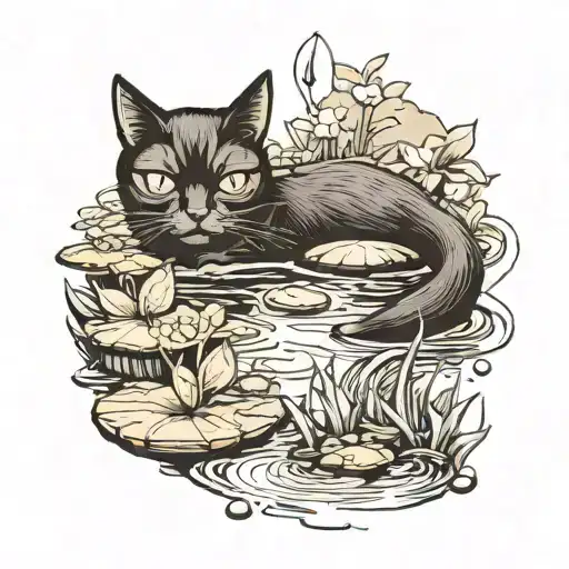 Black Cat Near A Fish Pond