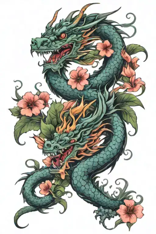 2 Big Chinese Dragons With Hibiscus Flowers Blooming With Music Notes Everywhere