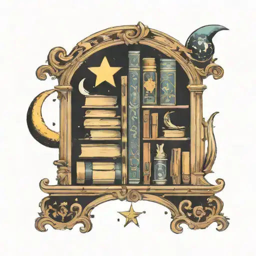 A Celestial Bookshelf Filled With Books That Have Moon And Star Motifs On The Spines