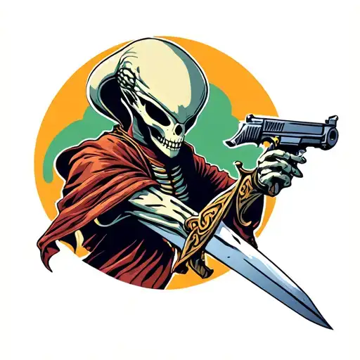 Alien With Gun Fighting Skeleton With Sword