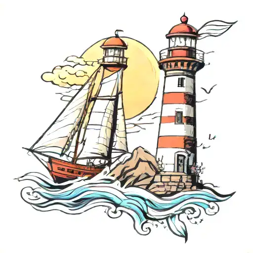 Lighthouse And Sailboat With A Vertical 343 Going Down Through It