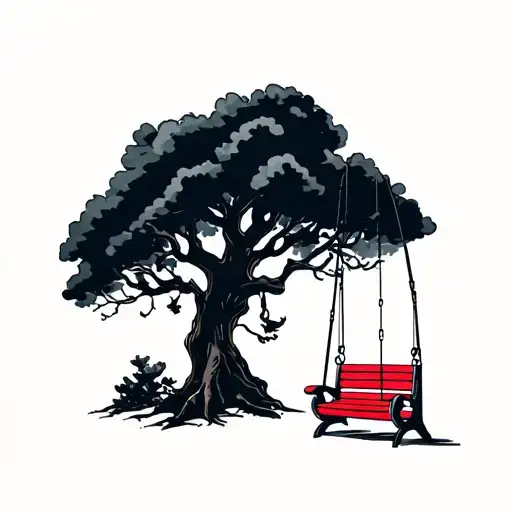 Ebony Tree With Red Bench Swing