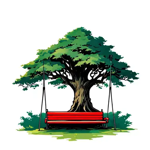 Ebony Tree With Red Bench Swing
